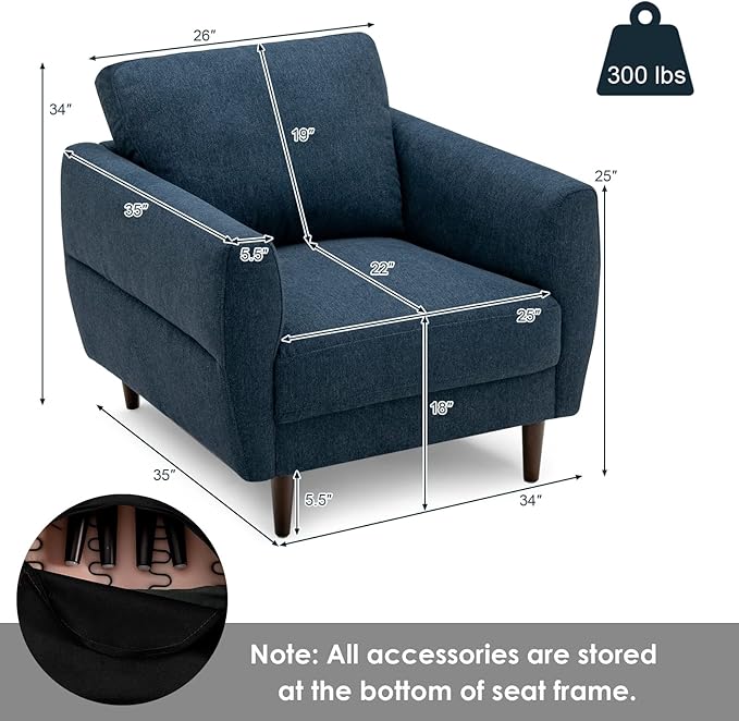 Giantex Sofa Chair Upholstered Mid-Century Modern Accent Chair with Solid Wood Frame for Living Room Small Spaces Bedroom Apartment Reception Room Blue