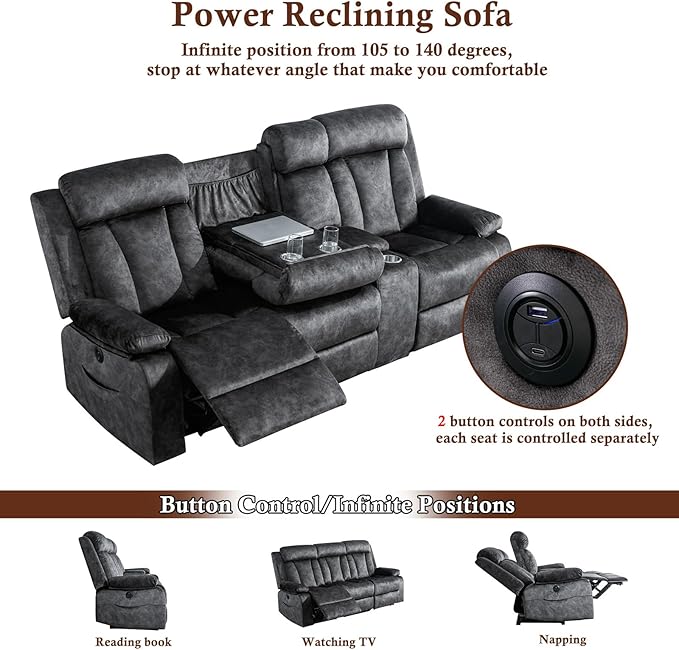 3 Seater Recliner Sofa Reclining Loveseat with Console Power Reclining Sofa with Heat and Massage Cup Holders USB &amp Type-C Charge Ports for Living Room