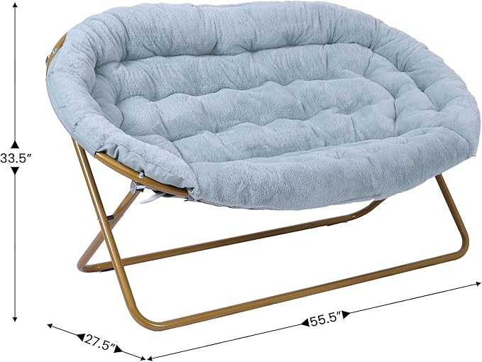 Flash Furniture Eleanor Portable Double Saucer Chair with 2 Ottomans Folding Steel Frames for Dorm or Bedroom 56 Dusty Aqua Faux Fur/Soft Gold Frame