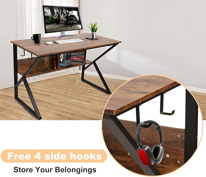 Computer Desk Office Desk PC Table 47 ”- Industrial Rustic Wood Grain with Storage Shelf with 4 Hooks Metal Frame Foot Pad 110lbs Home Reading Study Writing for Bedroom …