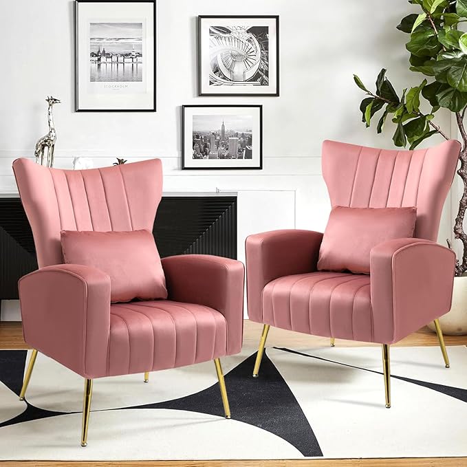 Velvet Accent Chair for Living Room Bedroom Modern Arm Chair with Wingback &amp Gold Metal Legs Lumbar Pillow Included Blush Pink