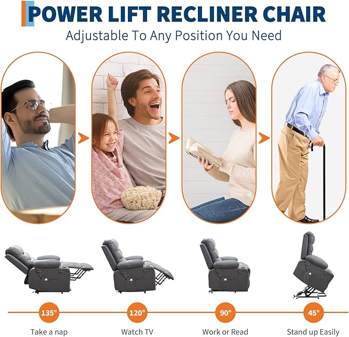 GarveeHome Power Lift Recliner Chair for Elderly Oversized Electric Lift Chair with Heat and Massage PU Leather Adjustable Recliner with Cup Holders &amp Side Pocket for Living Room Gray