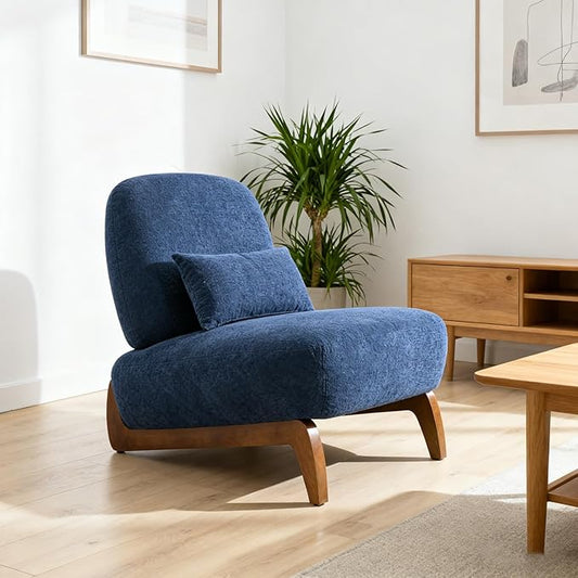 Modern Armless Accent Chair Cozy Comfy Upholstered Cloud Lounge Boucle Chairs with Wood Legs &amp Pillow Comfortable Reading Sofa Chair for Living Room Bedroom Apartment Balcony Blue