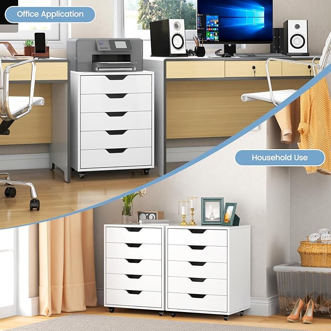 File Cabinet Mobile Filing Cabinet w/Universal Wheels &amp 5 Drawers Wood Printer Stand with Storage Rolling File Cabinets for Home Office Living Room Bedroom (White 5 Drawers)