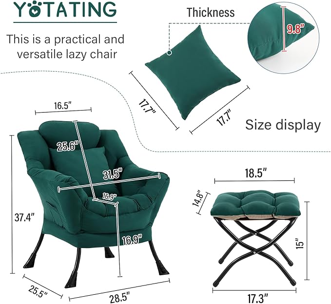Lazy Chair with Ottoman Comfy Reading Chair with Footstool &amp Pillow Modern Lounge Chairs with Armrests &amp Side Pocket for Living Room Bedroom Dorm RoomDark Green