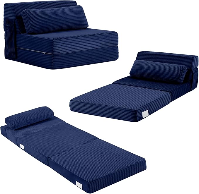Tiita Folding Sofa Bed with Pillow Memory Foam Fold Out Chair Bed Single Size Convertible Chair Floor Couch &amp Sleeping Mattress Foldable Sleeper Sofa Bed for Guest Room Living Room Navy