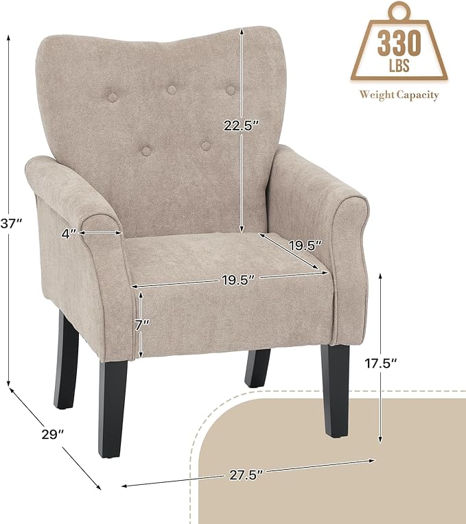 Athena Collection Mid Century Accent Chair Upholstered Modern Comfy Armchair Single Sofa Elegant Vanity Chair Reading Chair with High Back and Solid Wood Legs for Bedroom Living Room Office Beige