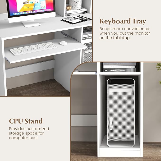 Computer Desk with Hutch and Power Outlet 43.5 x 20.5 x 54 Home Office Desks Wooden Desk with Shelves Keyboard Tray &amp CPU Stand Modern Writing Study Table Workstation (White)