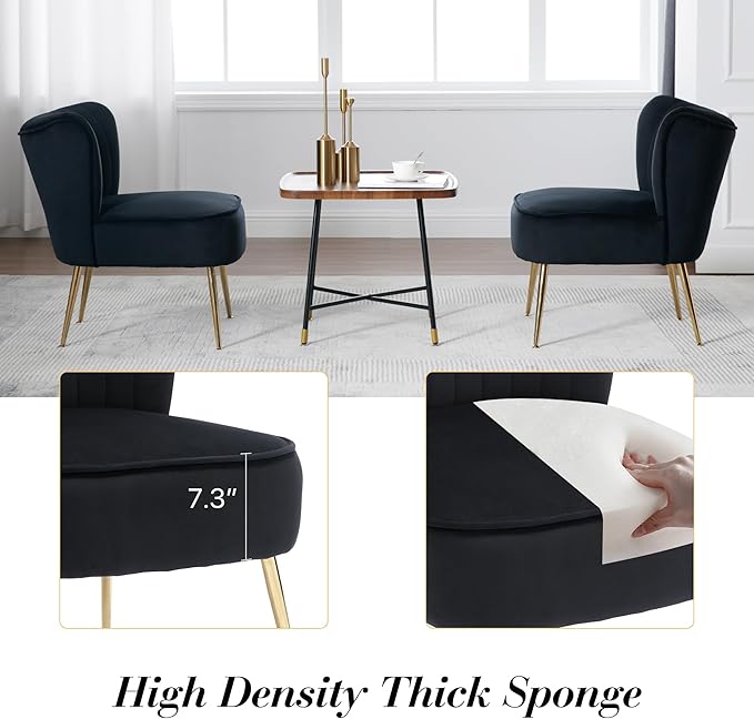 Velvet Accent Chair Set of 4 Comfy Upholstered Side Chair with Gold Metal Legs and Padded Seat Modern Small Corner Armless Living Room Chairs with Wing Back Black