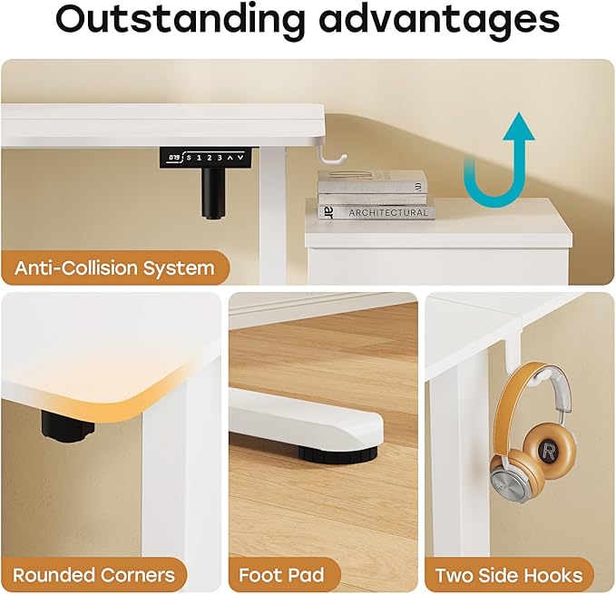 Small Standing Desk 40 ×20 Electric White Standing Table Height Adjustable Compact Sit Stand Desk with Splice Board Home Office Table with 2 Hooks