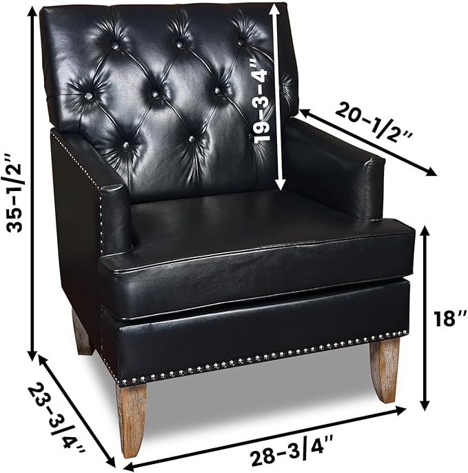 CONSDAN Leather Accent Chair Living Room Chair with Soft High-Resilience Cushion Leather Armchair with Button Tufting and Nailhead Trim Black
