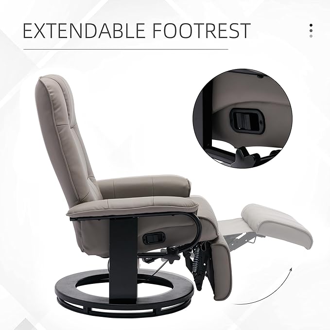 Faux Leather Manual ReclinerAdjustable Swivel Lounge Chair with FootrestCan Rotate 360 DegreesL-Right Angle Curved Wooden Frame Armrest and Wrapped Wood Base for Living RoomGrey