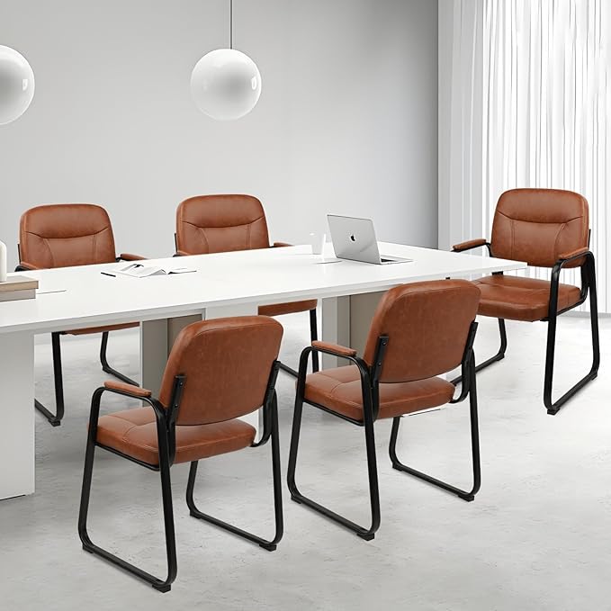 CLATINA Leather Office Guest Waiting Room Chair with Sled Base Reception Chair No Wheels with Armrests and Lumber Support Stationary Desk Armchair for Meeting Conference Lobby Shool Brown 6 PK