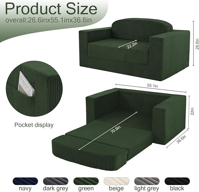 MeMoreCool Green Corduroy Fold-Out Loveseat Sofa Bed – Boneless Convertible Floor Couch with Foam Compact Sleeper Futon with Washable Cover No Assembly Required for Small Spaces &amp Bedroom