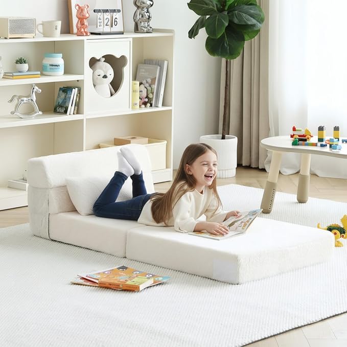 Tiita Convertible Folding Kids Sofa Bed with Pillow &amp Storage Bag Plush Fabric Floor Mattress Couch Bed Washable Cover Kids Room Playroom Dorm Apartment Beige