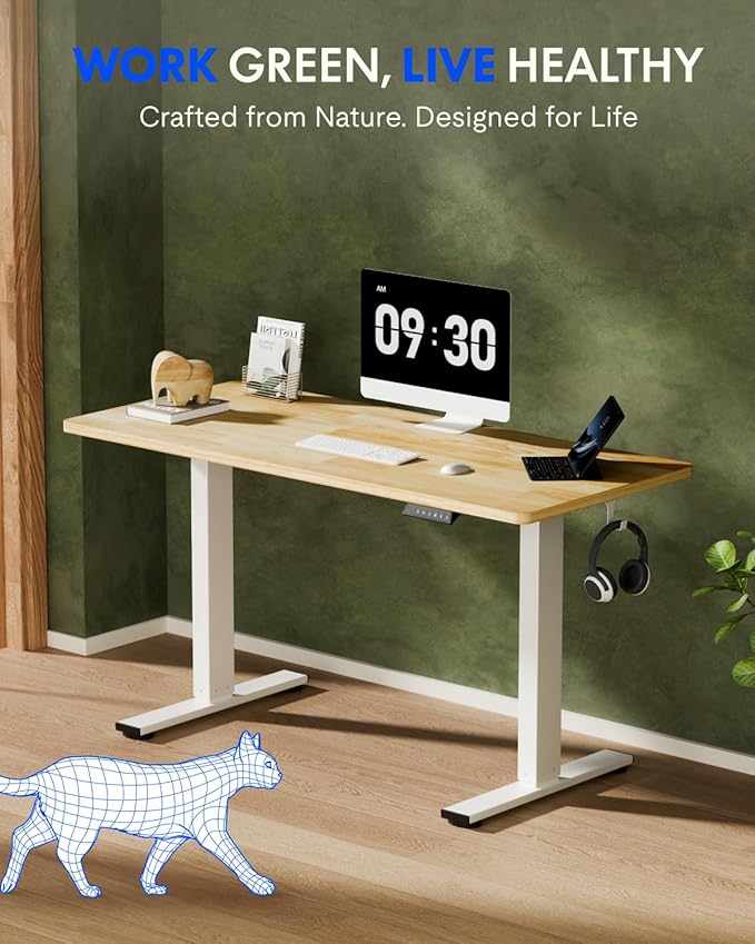 FLEXISPOT EN1 Solid Wooden Single-Piece Standing Desk 48 x 24 Inches Sit Stand Desks for Home Office and Gaming (White Frame + Rubber Wood Top 2 Packages)