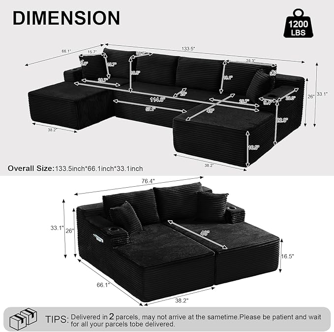 134 U-Shaped Cloud Couch Sectional Oversized Modular Boneless Sleeper Sofa with Side Pockets &amp Cup Holders 4-Seater Modern Deep Seat Corduroy Couch for Living Room No Assembly Required Black