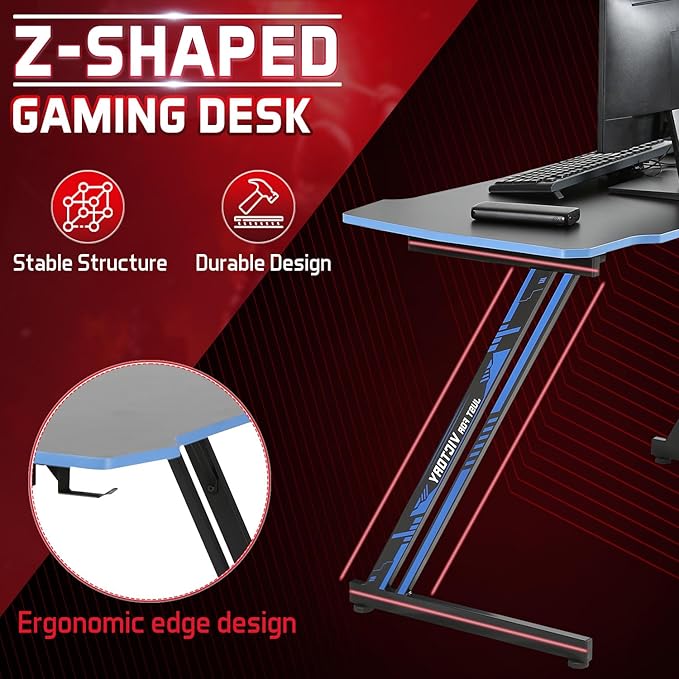 NChanmar Gaming Desk Z Shaped 47 Inch Computer Desk Home Office Desk Standing Desk for Studying Ergonomic PC Gamer Desk for Working Gaming Table Desk with Headphone Hook Blue nc6754