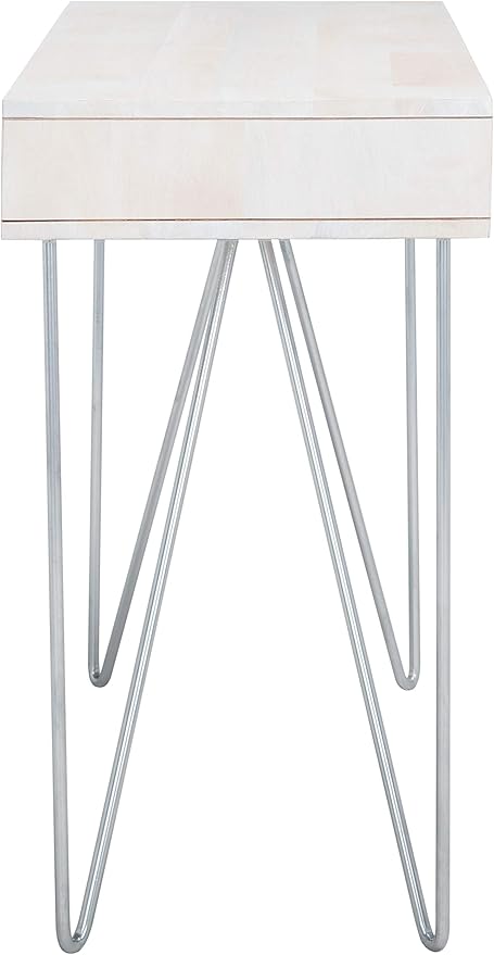 SAFAVIEH Home Office Collection Raveena White Wash and Silver 1-Drawer Hairpin Leg Desk