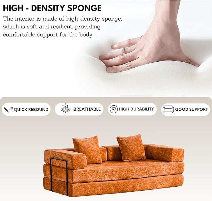 Alpen Futon Sofa Bed Full Size 4-in-1 Sleeper Sofas with L-Shaped Armrests Small Sofa Bed Couch for Small Spaces Loveseat Sleeper for Living Room Bedroom Chenille Orange