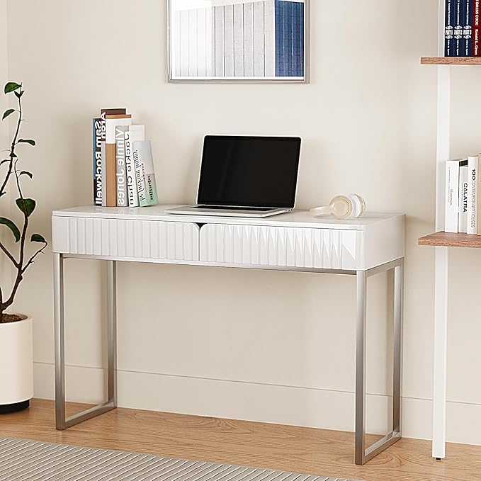 Modern Multi-Purpose Desk White &amp Antique Brass 43 L x 15.75 W 2 Large Drawers Computer/Vanity/Study Adult Size