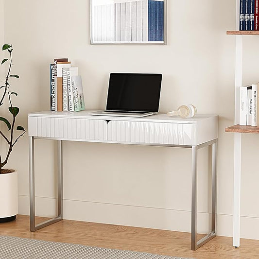 Modern Multi-Purpose Desk White &amp Antique Brass 43 L x 15.75 W 2 Large Drawers Computer/Vanity/Study Adult Size