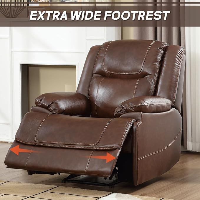 EBELLO Genuine Leather Manual Recliner Chair Reclining Sofa Chair Couch for Living Room Bedroom Furniture Meeting Room Brown