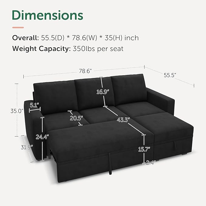 HONBAY Modular Sectional Sleeper Sofa with Pull Out Bed L Shaped Couch with Storage Seat Modular Sectional Couches for Living Room - Black