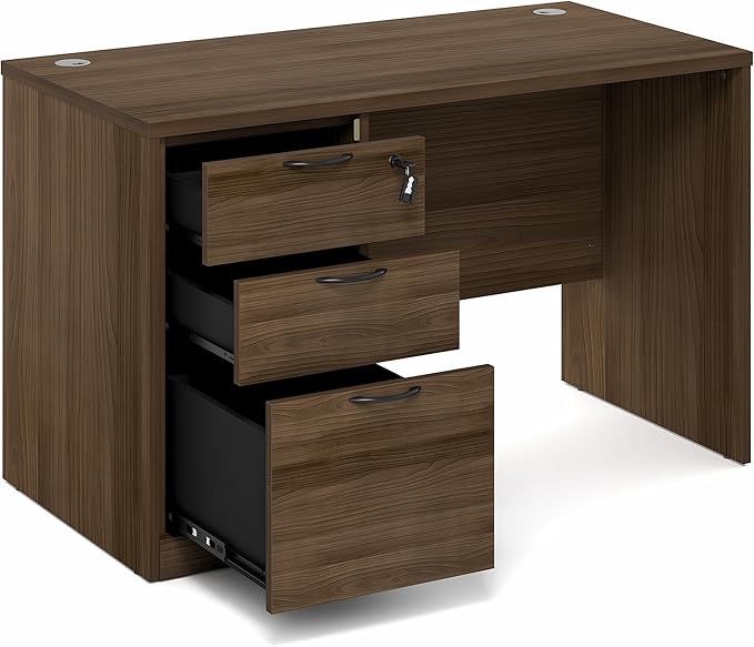 Furinno Roger 47 Inch Executive Desk with File Cabinet Home Office Desk with 3-Drawer Fixed Pedestal Filing Cabinet Desk Cord Grommet for Home Office Modern Walnut