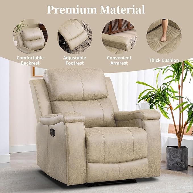 EBELLO Recliner Chair Single Overstuffed Sofa Recliner Breathable Faux Leather Manual Reclining Chairs with Hidden Cup Holder Arm and Back for Adults Living Room Bedroom Beige
