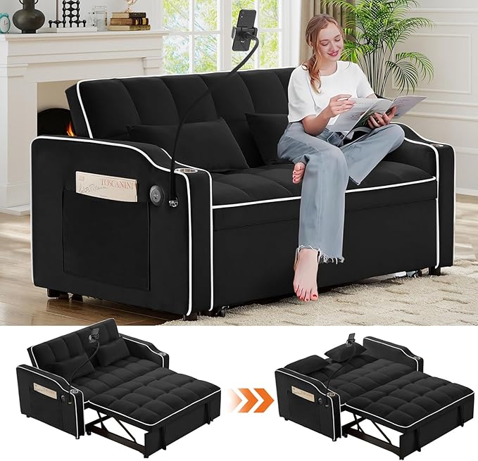 3 in 1 Convertible Sofa Bed Velvet Pull Out Couch Bed w/ Adjustable Back Love Seat Sleeper Beds w/ USB Ports &amp Cup Holders Phone Stand Full Size Futon Couch for Living Room Small Spaces (Black