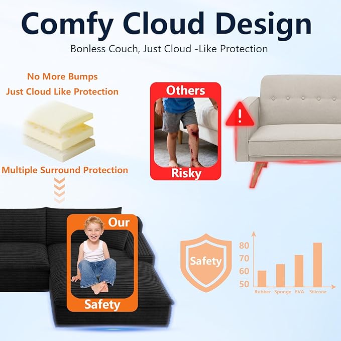 107”Cloud Sectional Couch Boneless Sofa for Living Room Modular Sectional Sofa with Deep Seat Fluffy Comfy Couch with L-Shaped Chaise No Assembly Required Comfy Upholstered Corduroy Couches
