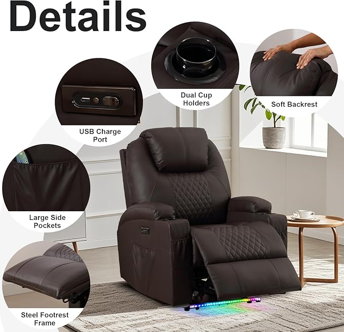 AHMED Power Recliner Chair with Vibration Massage &amp Heat for Adults Faux Leather Home Theater Seating with Cup Holders/LED Lights/USB Ports/Side Pockets for Living Room Brown