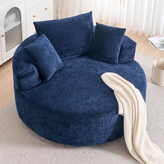 54.3″ Round Swivel Couch Plush Chenille Deep Seat Cozy Reading Chair XL Modern Oversized Swivel Accent Barrel Chair for Living Room Bedroom Lounging (Blue)
