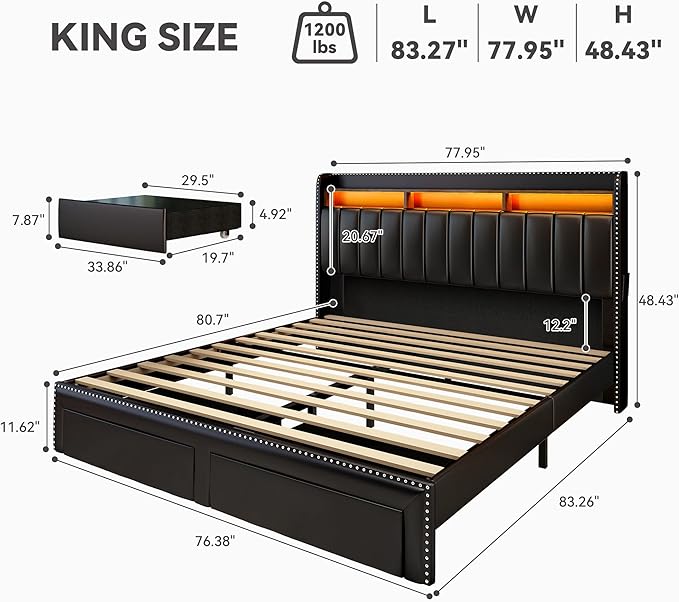 Torana King LED Bed Frame with 2 Drawers PU Leather Upholstered Storage Wingback Headboard Beds Channel Tufted Platform Bedframe with Rivet Decor No Box Spring Needed Black