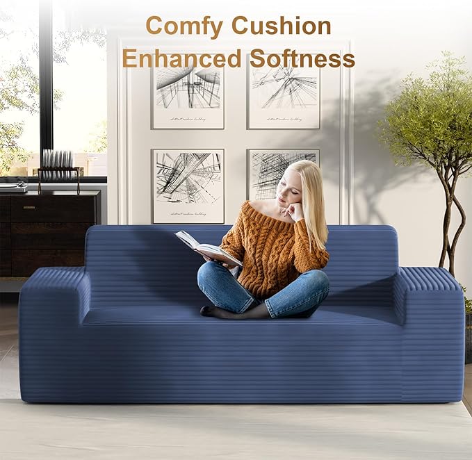 Vivvadecor 79 3-Seater Corduroy Sofa Sofa-in-a-Box Modern Floor Foam Couch with 24 Deep Seat No Assembly Needed Sofas for Compact Living Room Apartment Home Office Deep Blue