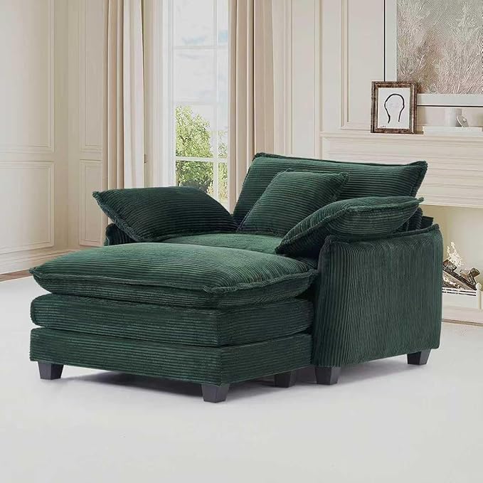 Oversized Chair with Ottoman Modern Corduroy Sofa Bed Single Sofa Chaise Large Upholstered Sofa for Living Room Bedroom (Green)