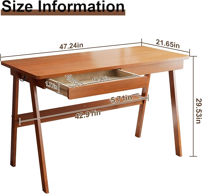 Solid Wood Desk with Drawers - 47.2 Inch Mid Century Modern Desks Writing Desk with Storage Shelf Home Office Desks for Bedroom &amp Home Walnut Color