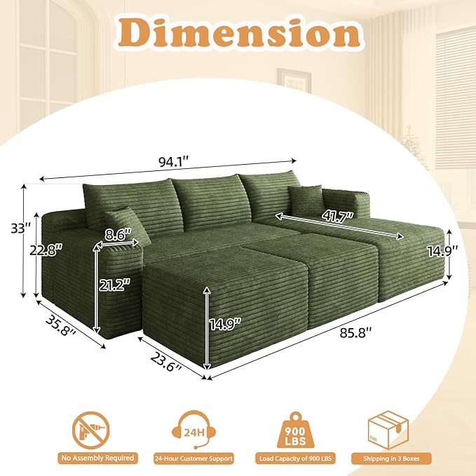 94 U-Shaped Cloud Sectional Couch Comfy Corduroy Boneless Couches with Deep Seat Fluffy Modular Sectional Sofa for Living Room No Assembly (Green 94 2S+Right Facing Chaise+2 Ottoman)