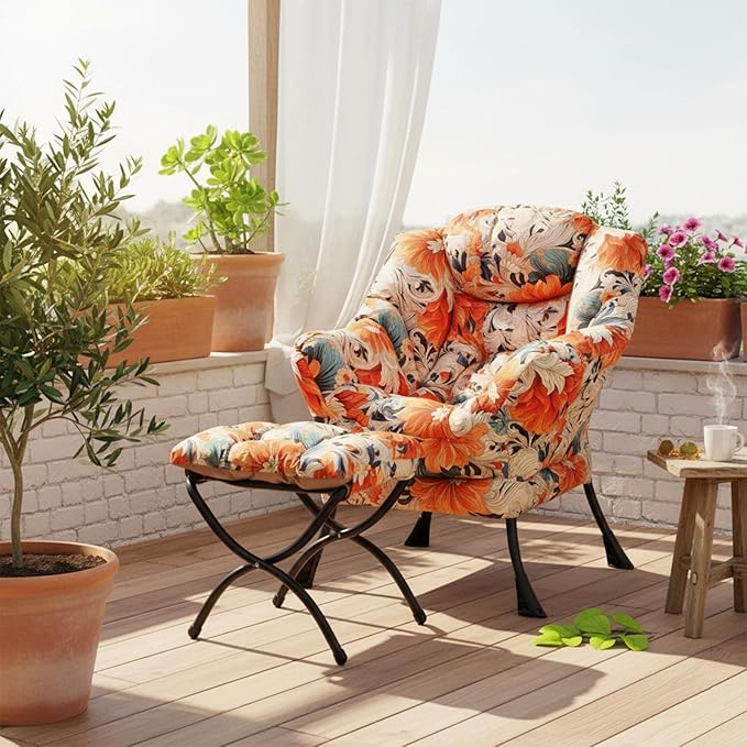 Welnow Lazy Chair with Ottoman Modern Accent Chair with Armrests and a Side Pocket Leisure Sofa Armchair Set Reading Armchair with Footrest for Small Space Orange Blue