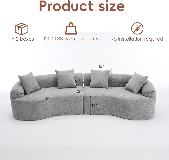 110 Curved Sectional Sofa with 4 SeaterCurved Sofa for Living RoomModern Sectional Couch Boneless SofaWood Grain Chenille Fabric No Installation Requirement