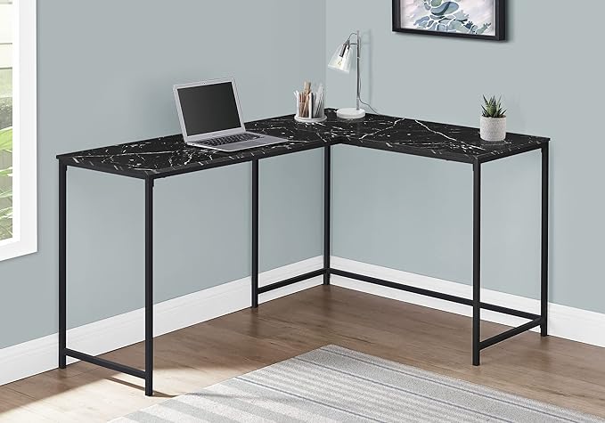 Computer Desk Home Office Corner 58 l L Shape Work Laptop Black Marble Look Laminate Black Metal Contemporary Modern