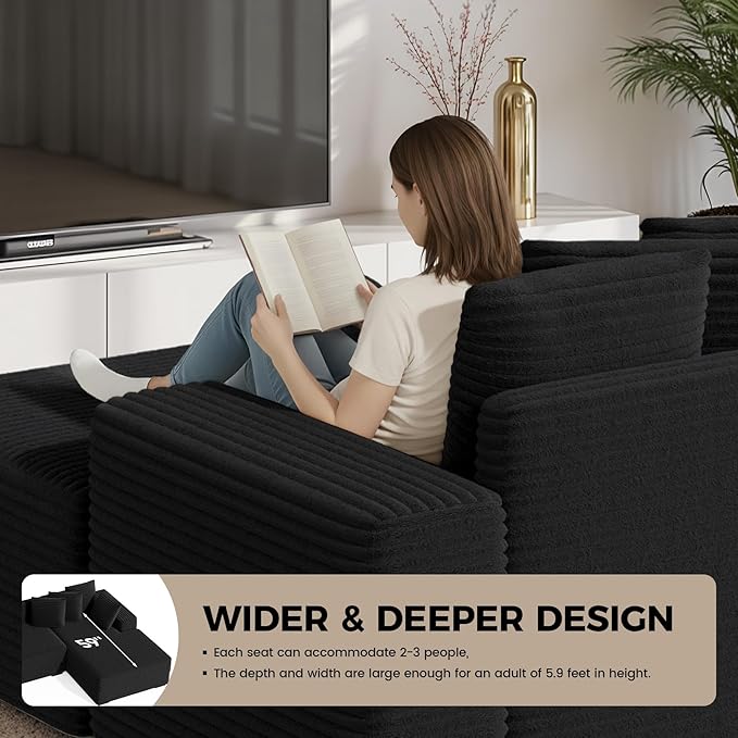 111'' Modular Sectional Cloud Couches with Chaise L Shaped Extra Large Sleeper Couch Reversible Fluffy Corduroy with 8pcs Pillows for Living Room(Black Right Facing Chaise)