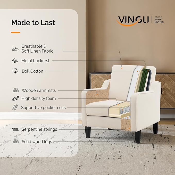 VINGLI Accent Chairs Set of 2 Beige Upholstered Linen Accent Chair for Living Room Bedroom Mid-Century Modern Arm Chair Comfy Reading Chair with Scooped Arms