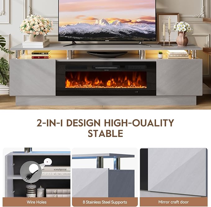 70 TV Stand for Living Room Entertainment Center with Storage Cabinet Fits TVs up to 80 Modern Media Console with Shelves 36 Electric Fireplace (Grey+Black)