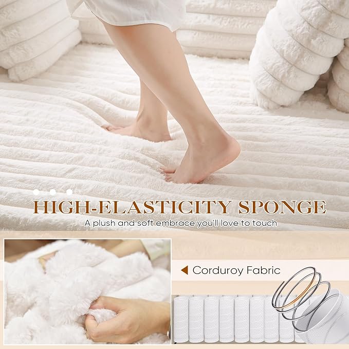 Chaise Lounge Chair Indoor Comfy Corduroy Plush Fluffy Foam Floor Compression Sofa Chair Leisure Reading Single Sleeper Chaise Chair for Living Room Bedroom Office Pillows Included (Beige)