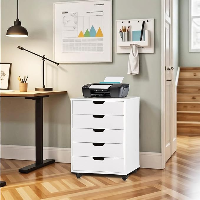 Nouva 5-Drawer File Cabinet Chest - Vertical Mobile Filing Cabinet w/WheelsUnder Beside Desk Chest Storage Printer Stand for Home OfficeWhite