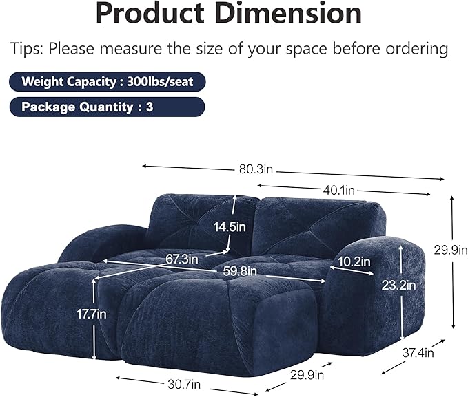 Boneless Couch Sectional Couches for Living Room 80.3'' Cloud U Shape Couch with Deep Seat Comfy Soft Velvet Modular Sectional Sofa with Ottomans Modern 2-Seater Boneless Sleeper Sofa Blue