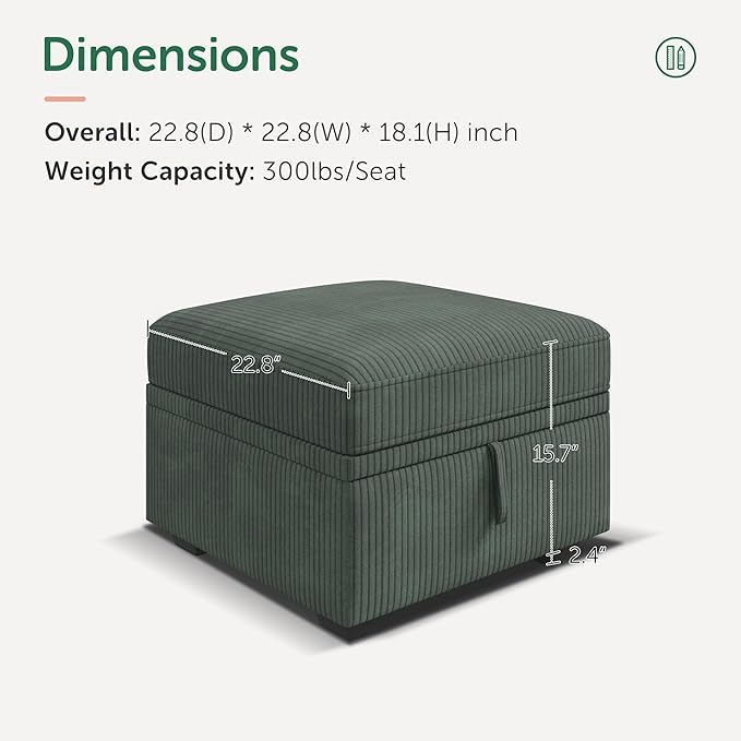 HONBAY Square Ottoman Module for Modular Sectional Sleeper Sofa Storage Ottoman Footrest and Seat Cube Velvet Green