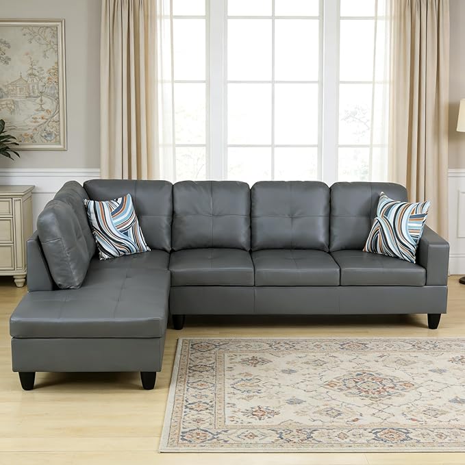103.5 Inch Modern L-Shaped Couch PU Leather Sectional Sofa with Chaise Lounge 4-Seater Couch with Accent Pillows for Living Room Apartment Dark Grey